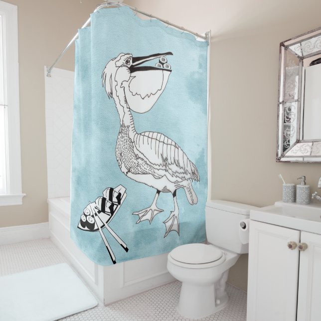 Pelican loves sushi shower curtain (In Situ)