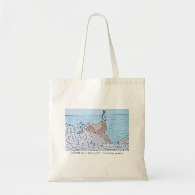 Pelican on a rock with crashing waves tote bag (Front)