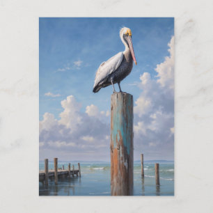 Pelican on a weathered dock pole postcard