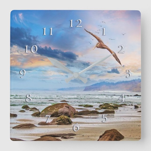 Pelican Patrol Beach Shoreline Square Wall Clock (Front)