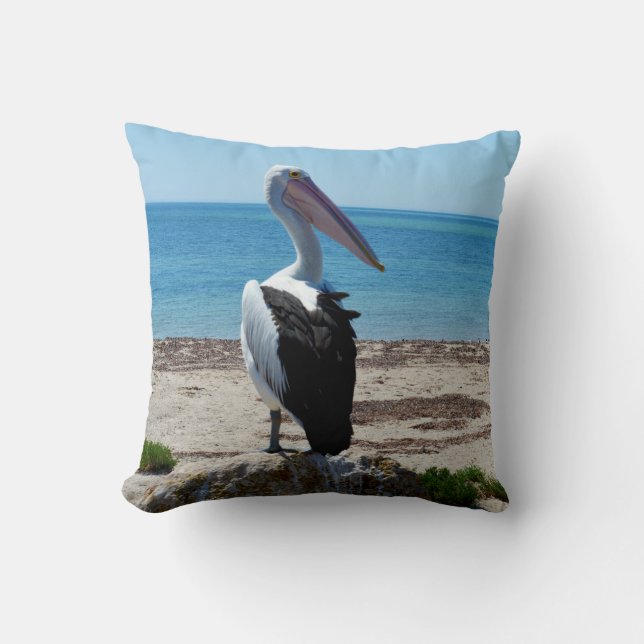 Pelican Perched On A Beach Rock, Cushion (Front)