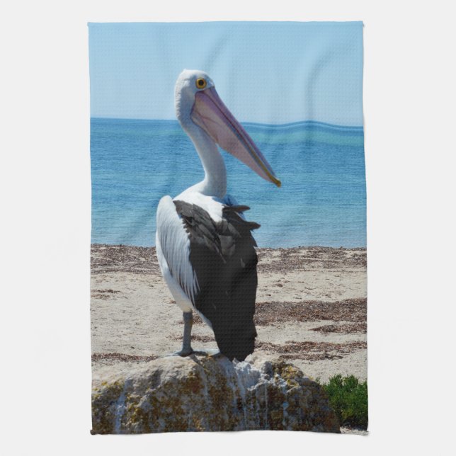 Pelican Perched On A Beach Rock, Tea Towel (Vertical)