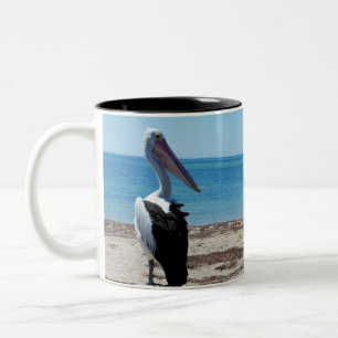 Pelican Perched On A Beach Rock, Two-Tone Coffee Mug