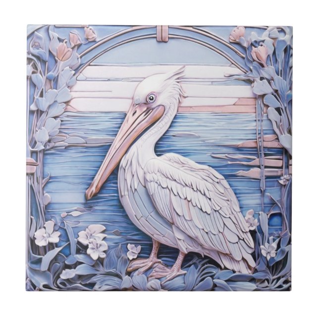Pelican Sea Bird Art Nouveau Faux Relief Left Blue Tile (Front)