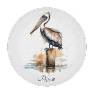 Pelican standing on a pole  cutting board