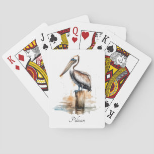 Pelican standing on a pole playing cards