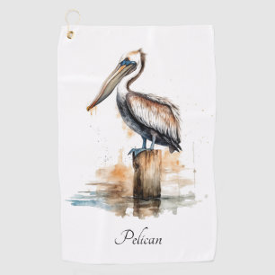 pelican standing on a pole watercolor customisable golf towel