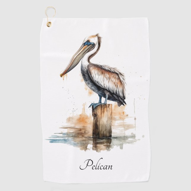 pelican standing on a pole watercolor customisable golf towel (Front)
