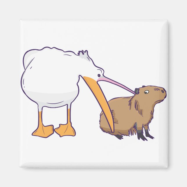 Pelican Tries to Eat Capybara Funny Cute Kawaii Magnet (Front)