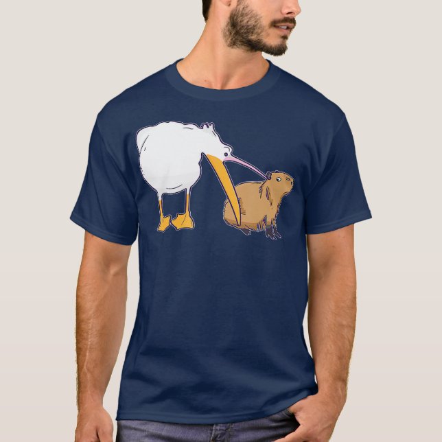 Pelican Tries to Eat Capybara Funny Cute Kawaii T-Shirt (Front)
