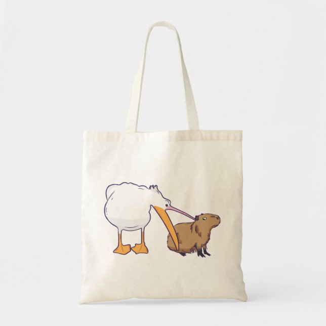 Pelican Tries to Eat Capybara Funny Cute Kawaii Tote Bag (Front)