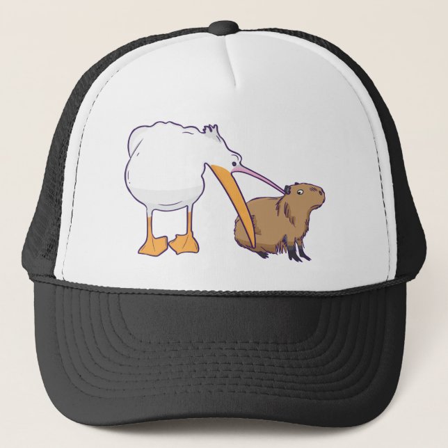 Pelican Tries to Eat Capybara Funny Cute Kawaii Trucker Hat (Front)