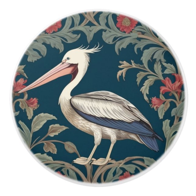 Pelican William Morris style Left Sea Marine Bird Ceramic Knob (Front)