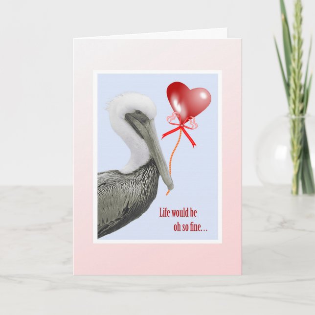 Pelican with balloon Valentine Holiday Card (Front)