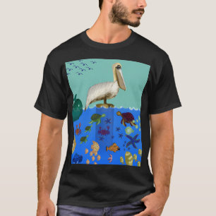 Pelican’s Coastal View Whimsical Sea Life Art T-Shirt