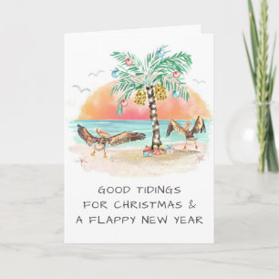 Pelicans and Palm Tree Beach Coastal Christmas  Holiday Card