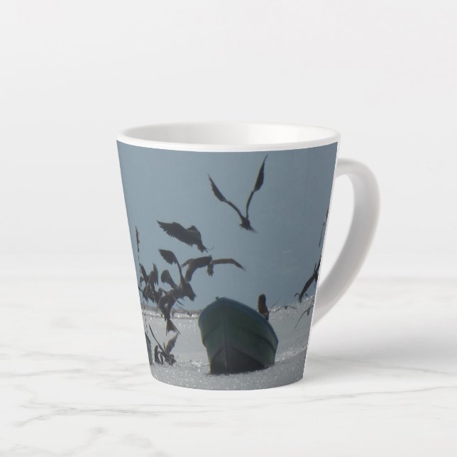 Pelicans around Fishing Boats Latte Mug (Right Angle)