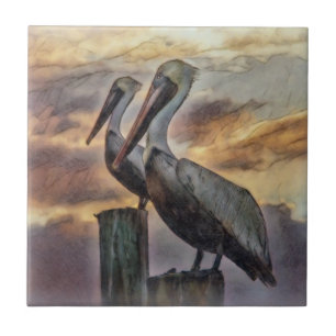 Pelicans At Sunset Tile