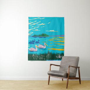 Pelicans in Astotin Lake Tapestry