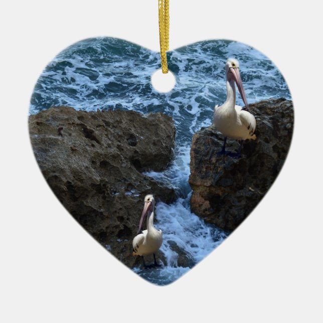 Pelicans On Sea Rocks, Ceramic Tree Decoration (Front)