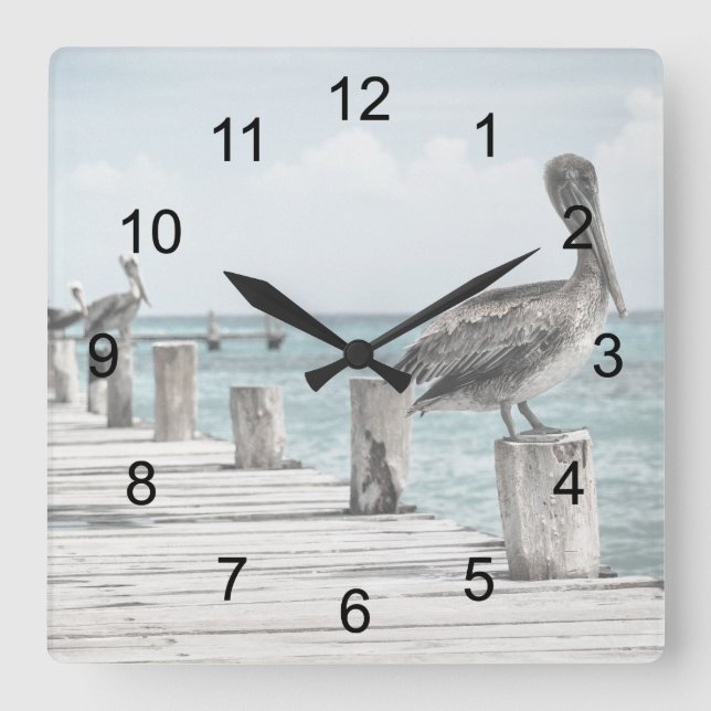 Pelicans On The Pier Square Wall Clock (Front)