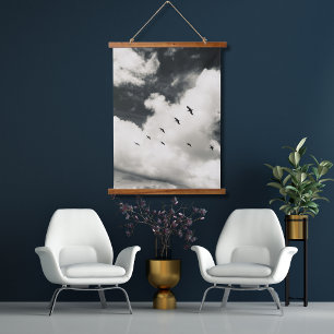 Pelicans over Beach in Grayscale Hanging Tapestry