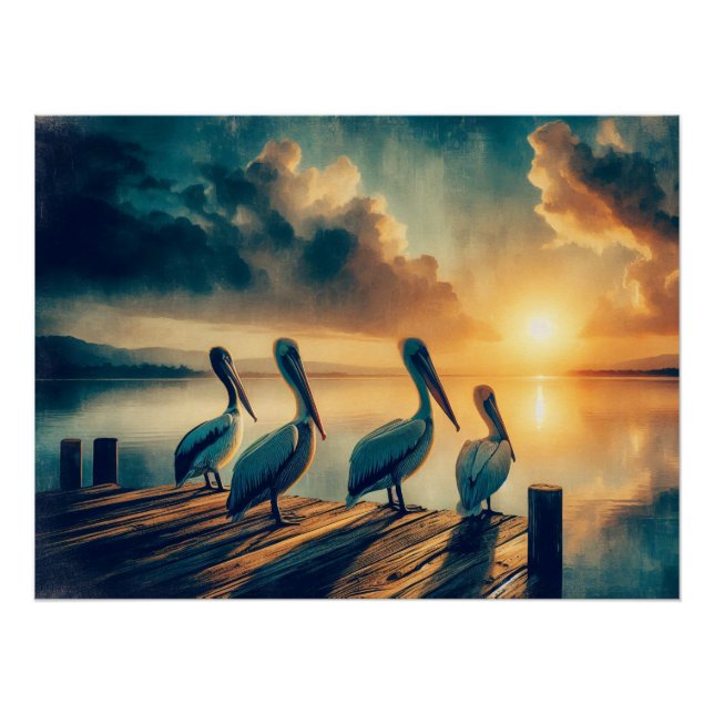 Pelicans Watching the Sunset Decoupage Poster (Front)