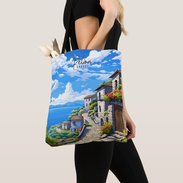 Pelion Greece Vintage Art Travel Illustration Tote Bag (Close Up)