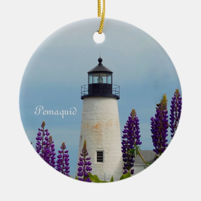 Pemaquid Point Surf Coastal Maine Lighthouse Ceramic Tree Decoration (Front)