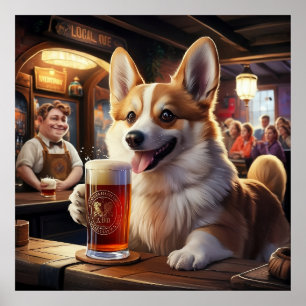 Pembroke Corgi Drinking a Beer at the Pub Poster