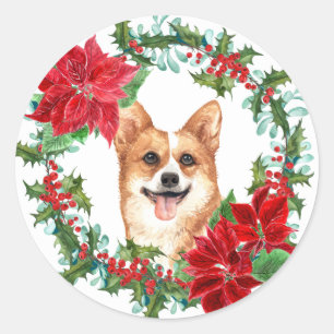 Pembroke Corgi Poinsettia Holly Holiday Wreath Classic Round Sticker