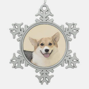 Pembroke Welsh Corgi 2 Painting - Original Dog Art Snowflake Pewter Christmas Ornament