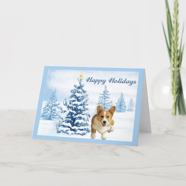 Pembroke Welsh Corgi Christmas Card Blue Tree (Front)