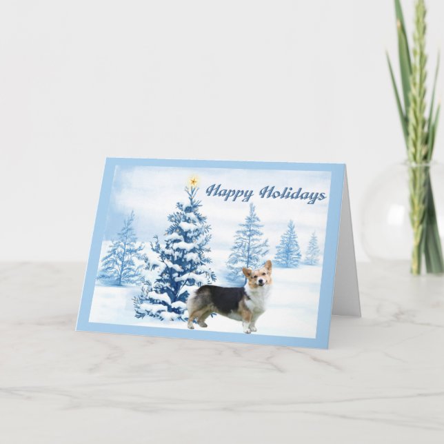 Pembroke Welsh Corgi Christmas Card Blue Tree (Front)