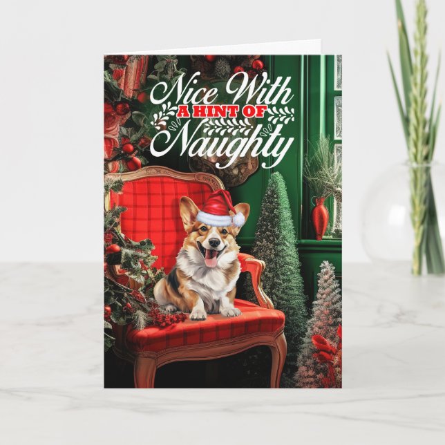 Pembroke Welsh Corgi Christmas Dog Naughty Nice Holiday Card (Front)