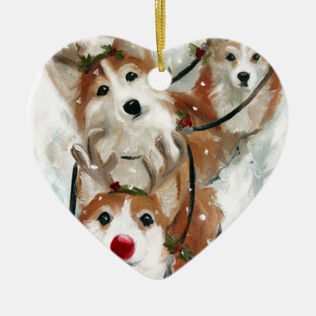 pembroke welsh Corgi Christmas Reindeer Ceramic Tree Decoration (Front)