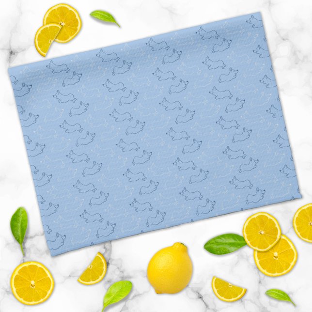 Pembroke Welsh Corgi Cute Pattern Blue  Tea Towel (Creator Uploaded)