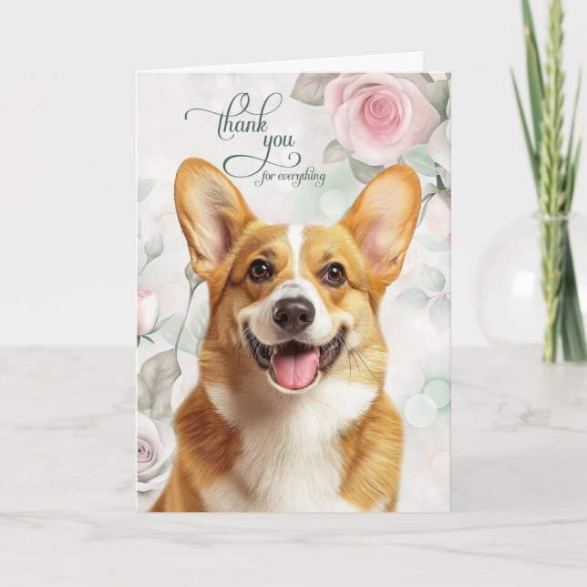 Pembroke Welsh Corgi Dog and Pink Roses Thank You Card (Front)