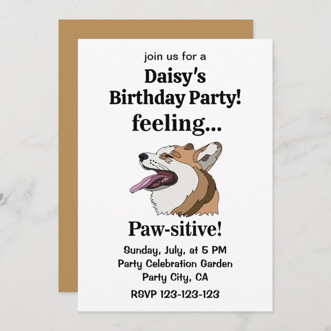 Pembroke Welsh Corgi Dog Birthday Party Invitation (Front/Back)