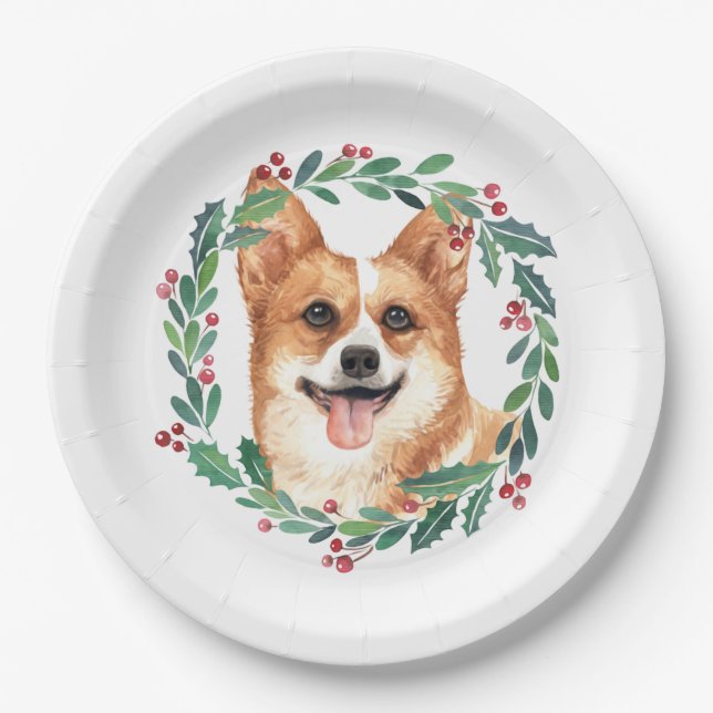 Pembroke Welsh Corgi Dog Elegant Christmas Holiday Paper Plate (Front)