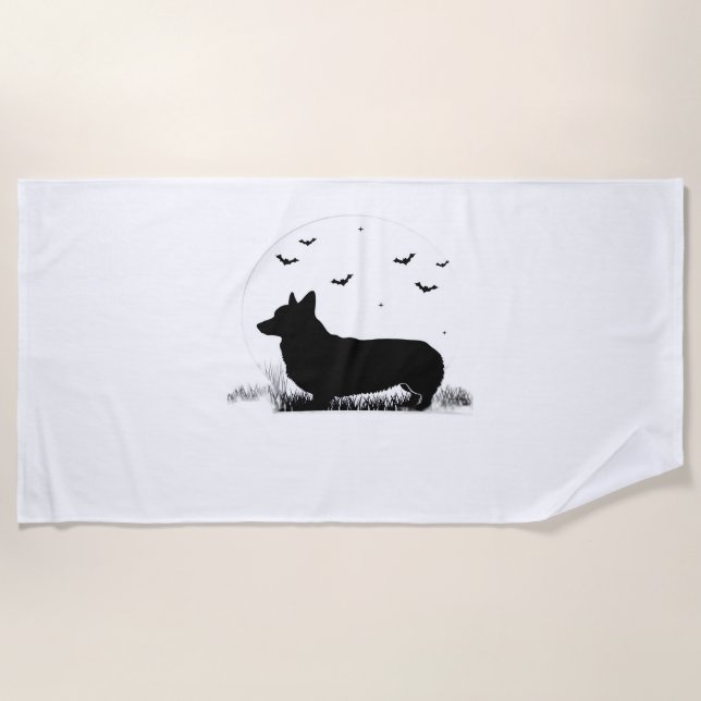 Pembroke Welsh Corgi Dog – Halloween Moon Silhouet Beach Towel (Front)