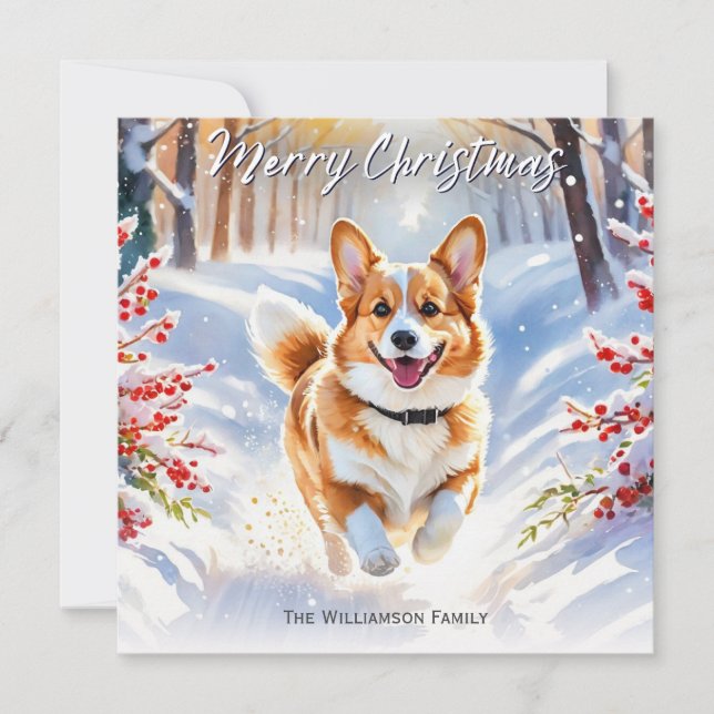 Pembroke Welsh Corgi Dog In Snow Christmas Holiday Card (Front)