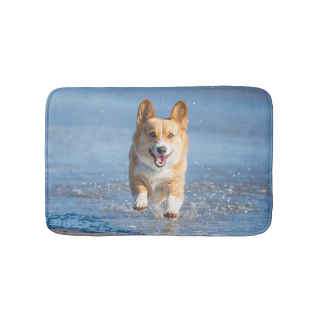 Pembroke Welsh Corgi Dog Running On The Beach Bath Mat (Front)