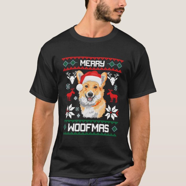 Pembroke Welsh Corgi Gift For Merry Christmas Woof T-Shirt (Front)