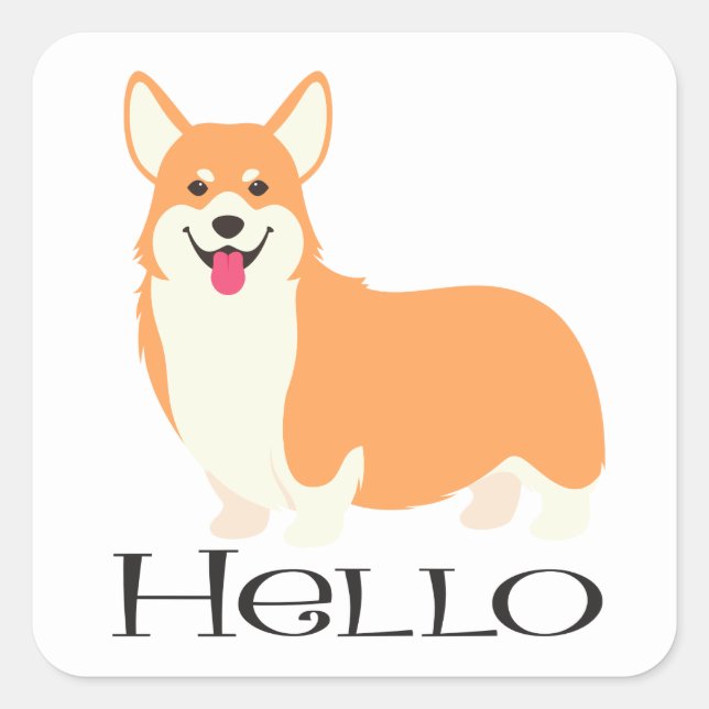 Pembroke Welsh Corgi Hello Puppy Dog Cartoon Square Sticker (Front)