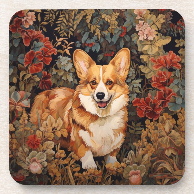 Pembroke Welsh Corgi in a Victorian Flower Garden Coaster (Front)