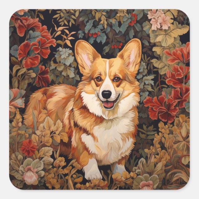 Pembroke Welsh Corgi in a Victorian Flower Garden Square Sticker (Front)