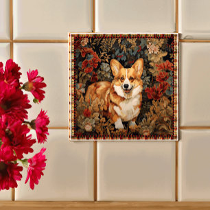 Pembroke Welsh Corgi in a Victorian Flower Garden Tile