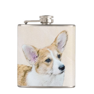 Pembroke Welsh Corgi Painting - Original Dog Art Hip Flask