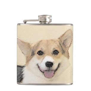 Pembroke Welsh Corgi Painting - Original Dog Art Hip Flask